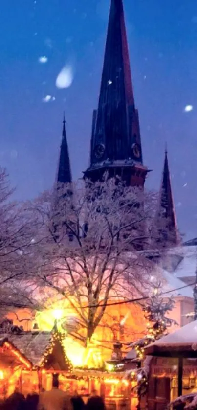 Winter cityscape with snow and lights at night.