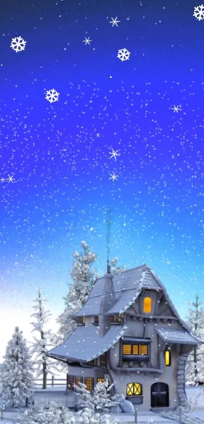 Snowy winter cottage under a starry blue night sky.