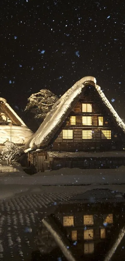 Snow-covered cottage under a starry night sky, reflecting on a tranquil water surface.