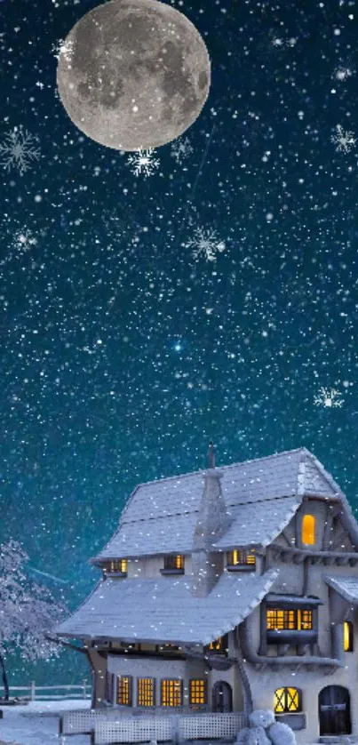 Snowy cottage beneath a starry night sky with a full moon.