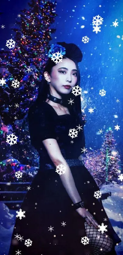 Elegant woman in winter night scene with snow and vibrant blue hues.