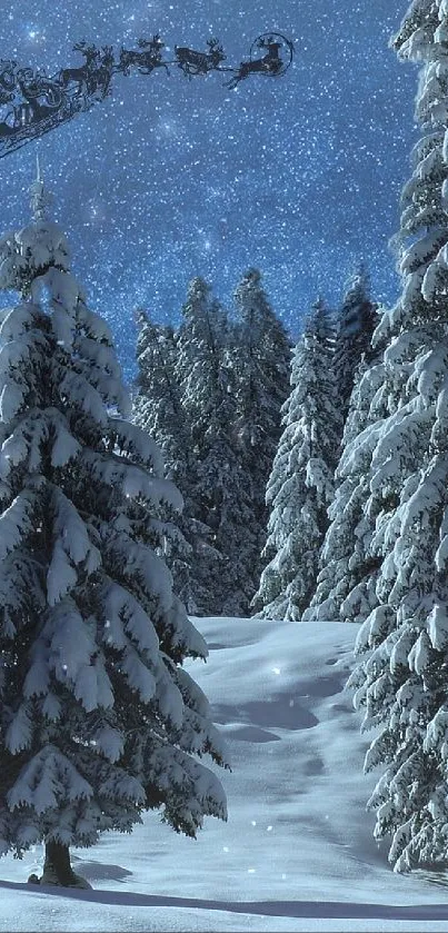 Winter landscape with Santa sleigh and full moon over snowy forest.
