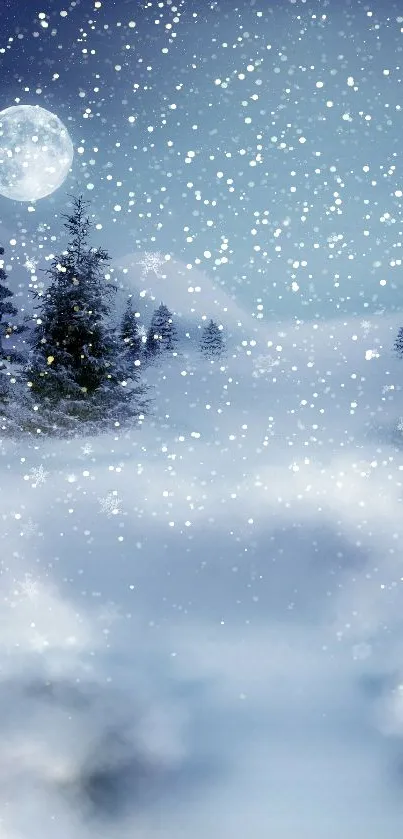 Snowy landscape with moonlit trees and a starry night sky.