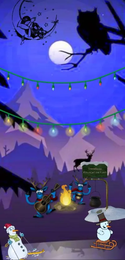 Animated winter night scene with lights, snowmen, and mountains.