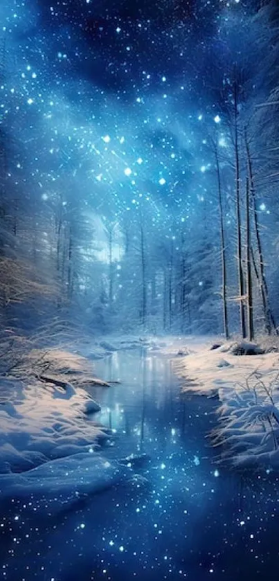 Magical winter night forest with starry sky and icy stream.