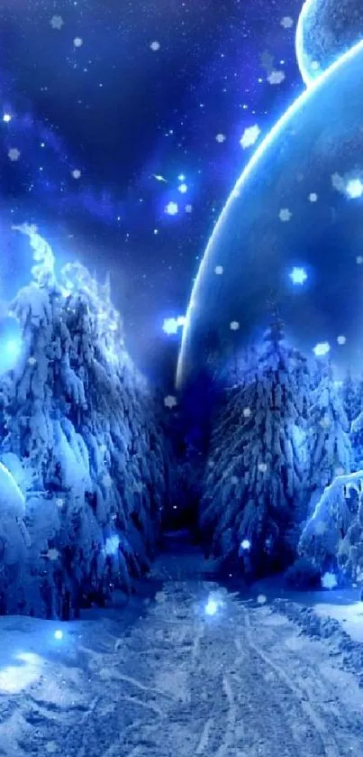 Serene winter night wallpaper with snowy forest and galaxy sky.