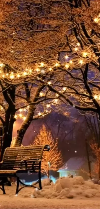 Winter night with glowing lights and snow-covered park bench.