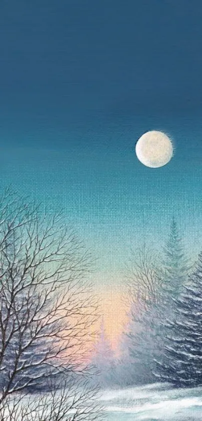 Winter night landscape with moon and frosty trees.