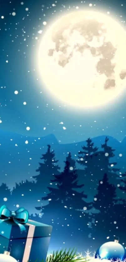 Moonlit winter night with snow and a gift box wallpaper.