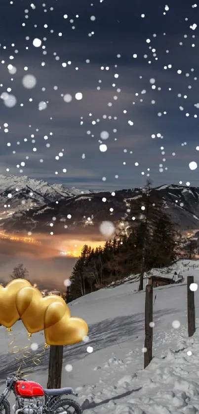 Snowy mountain road at night with motorcycle and balloons.