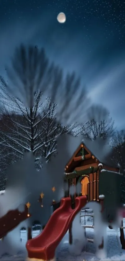 A winter night playground with snow and a moonlit sky.