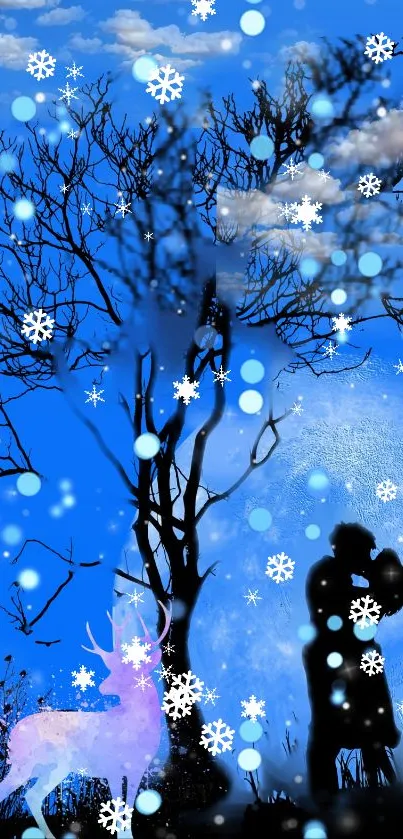 Silhouette couple in moonlit snow scene wallpaper.