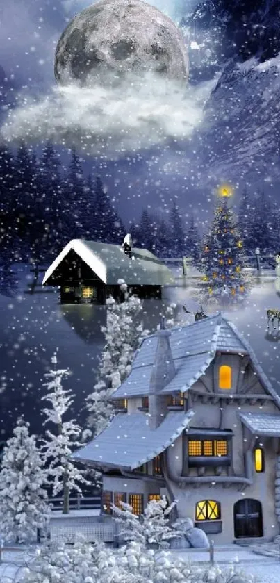 Snowy cabin under a moonlit winter sky, surrounded by trees.