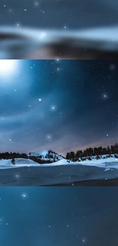 Starry winter night sky with snowy landscape, trees, and glowing moon.