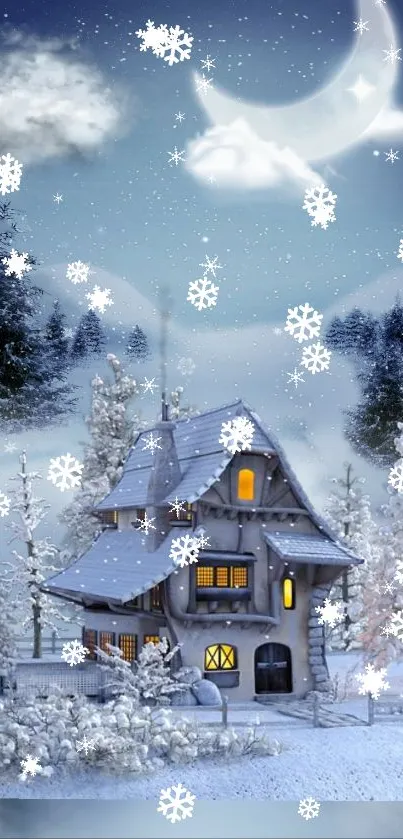 Serene winter night with snow, trees, and a starry sky.