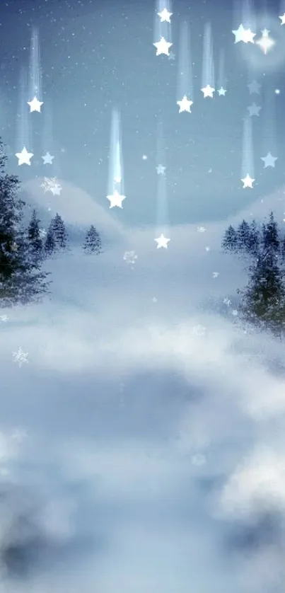 Serene winter night with moonlit sky and snow-covered trees.