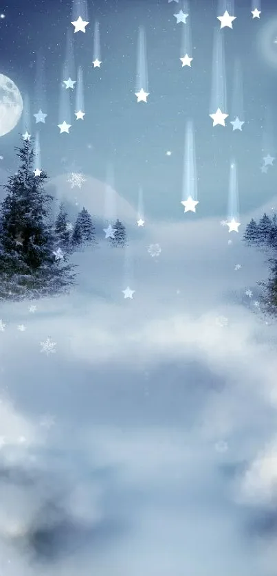 Snowy winter landscape with stars and a full moon in the night sky.