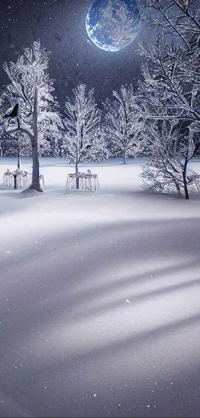 Snowy winter night with trees and moon.