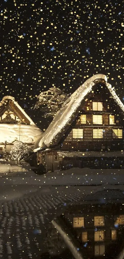 Snow-covered homes under a starry winter night sky with glowing windows.