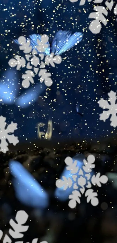 Mobile wallpaper with snowflakes on a dark blue background.