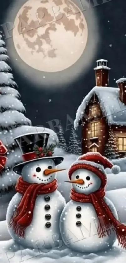 Two snowmen under a full moon with a snowy cabin.
