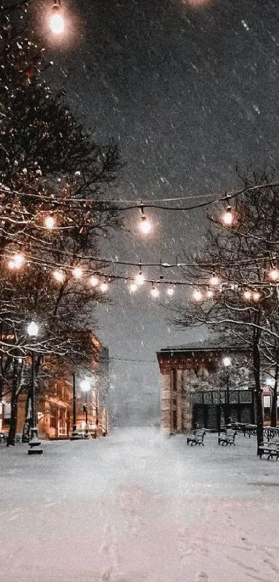 Serene snowy park illuminated by hanging lights on a winter night.