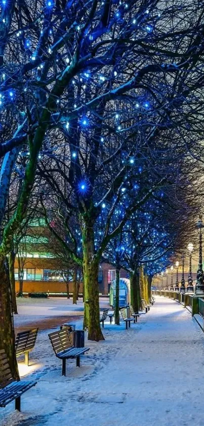 Serene winter night, snow-covered street with glowing blue lights.