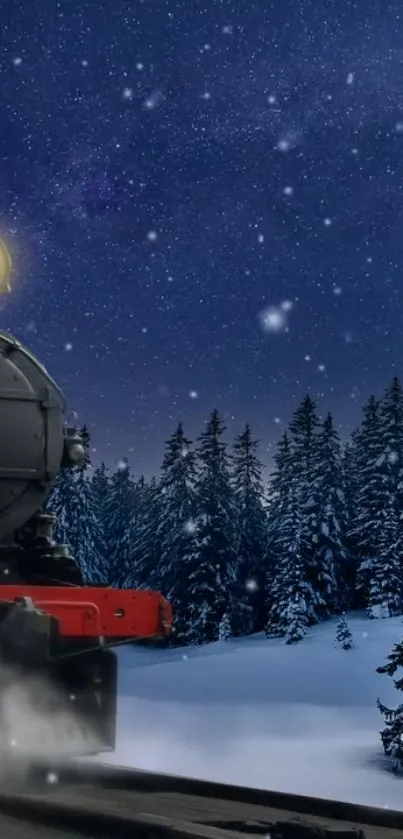 Steam train in snowy forest under a starry night sky.