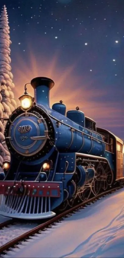 Vintage train traversing snowy landscape under a starry winter sky.