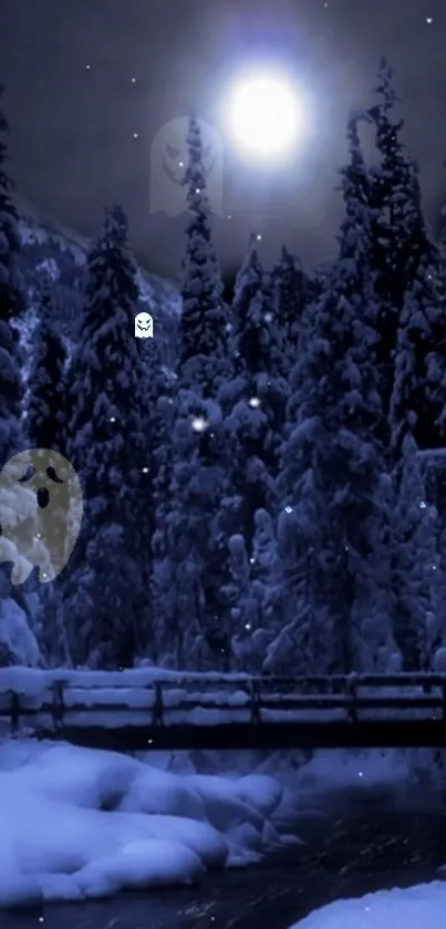 Moonlit snowy forest with friendly ghosts in winter night.