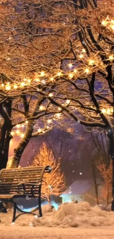 Snowy park with glowing string lights at night