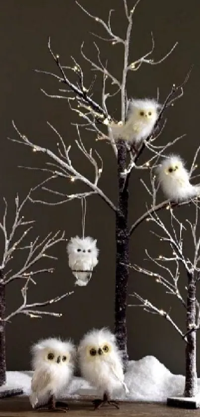 Fluffy white owls perched on snowy branches, creating a serene winter scene.