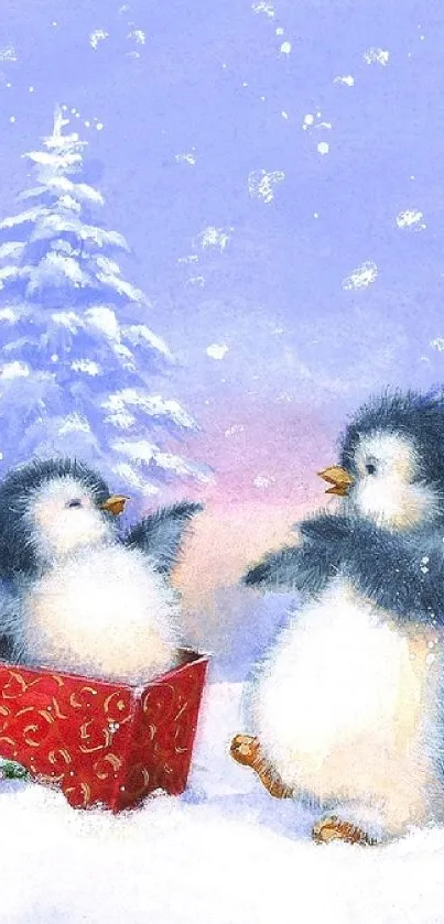 Illustration of two penguins in snow with festive gift box.