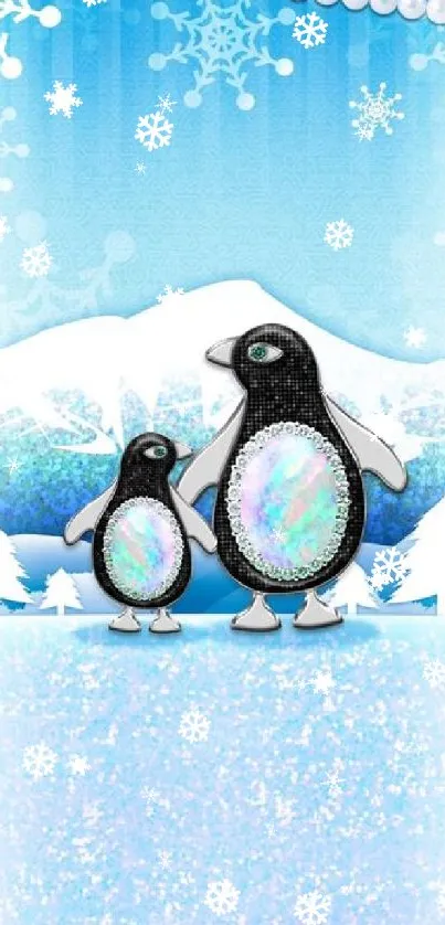 Whimsical penguins in a snowy, sparkling winter wonderland with snowflakes.