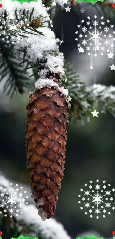 Snowy pinecone with green branches and decorative snowflakes.