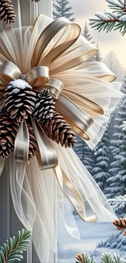 Festive winter ribbon with pinecones by a snowy forest.