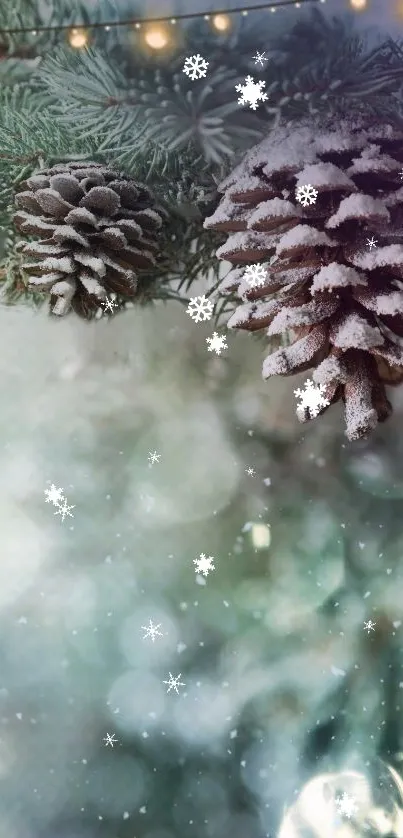 Snow-covered pinecones with a blurry snowy background.