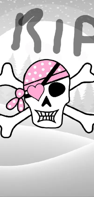 Pirate skull with pink bandana on snowy winter landscape.