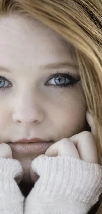 Winter portrait of woman with red hair and captivating eyes.
