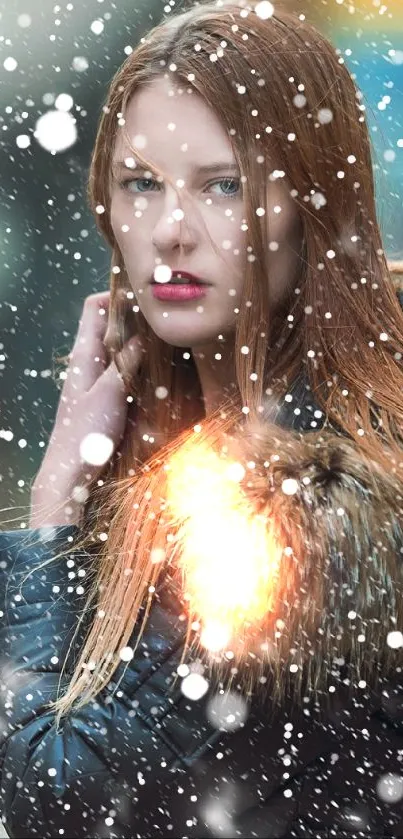Woman in winter coat with snowflakes falling around.
