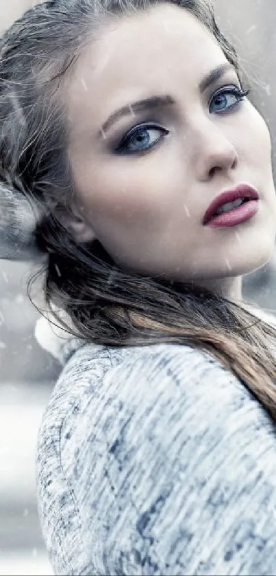 Woman in gray sweater posing in a snowy winter landscape.