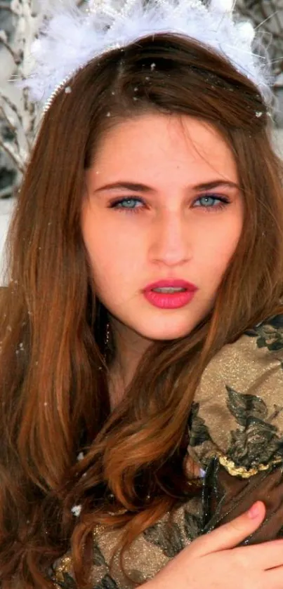 Winter portrait of a young woman with snowflakes.