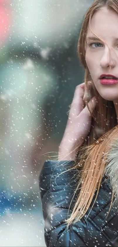 Stylish woman in winter snowfall portrait.