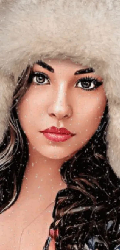 Artistic winter portrait with fur hat in digital style.