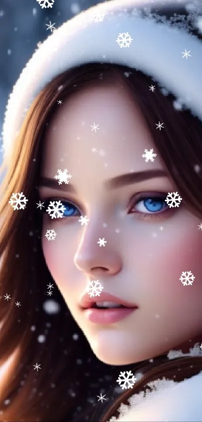 Beautiful winter portrait of a young woman with snowflakes.