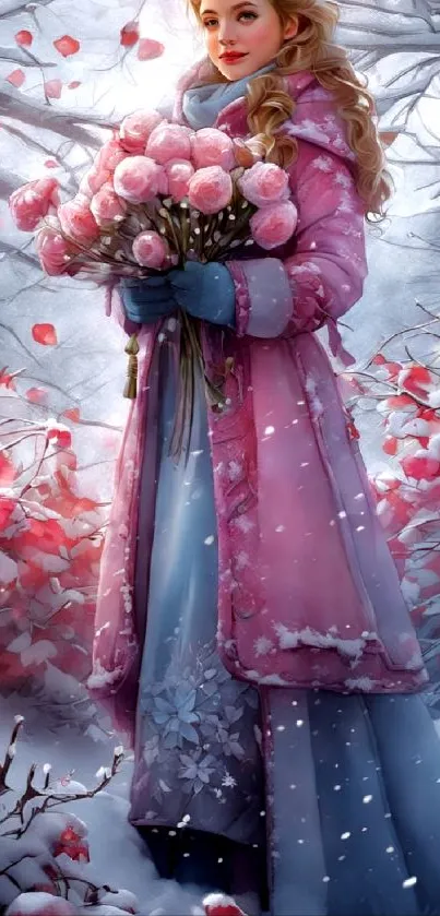 Winter princess with pink coat and bouquet in snowy landscape.