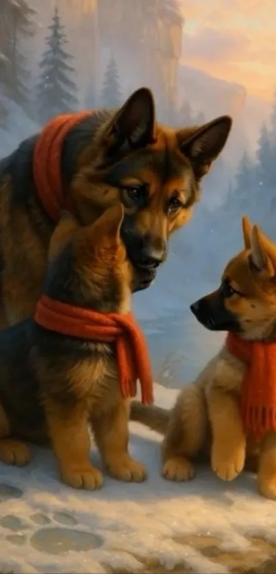 German Shepherds with scarves in snowy forest