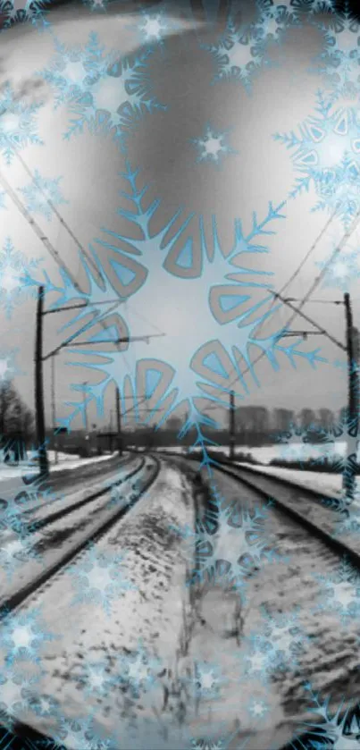 Winter snowflake overlay on snowy railroad tracks wallpaper.