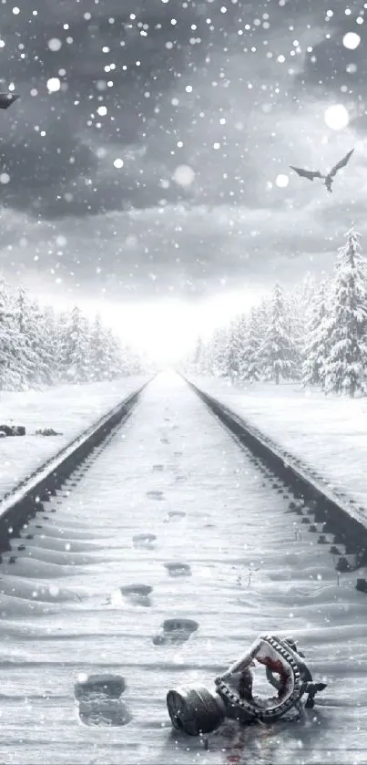 Mysterious winter railway with snow and gas mask.