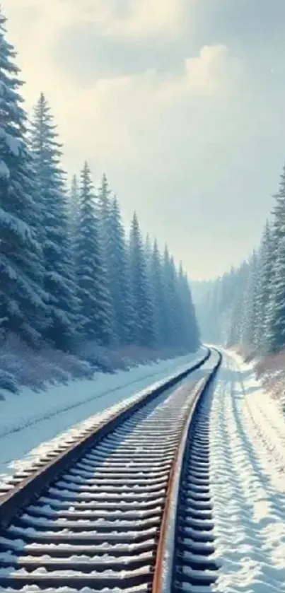 Snowy railway track through a winter forest.